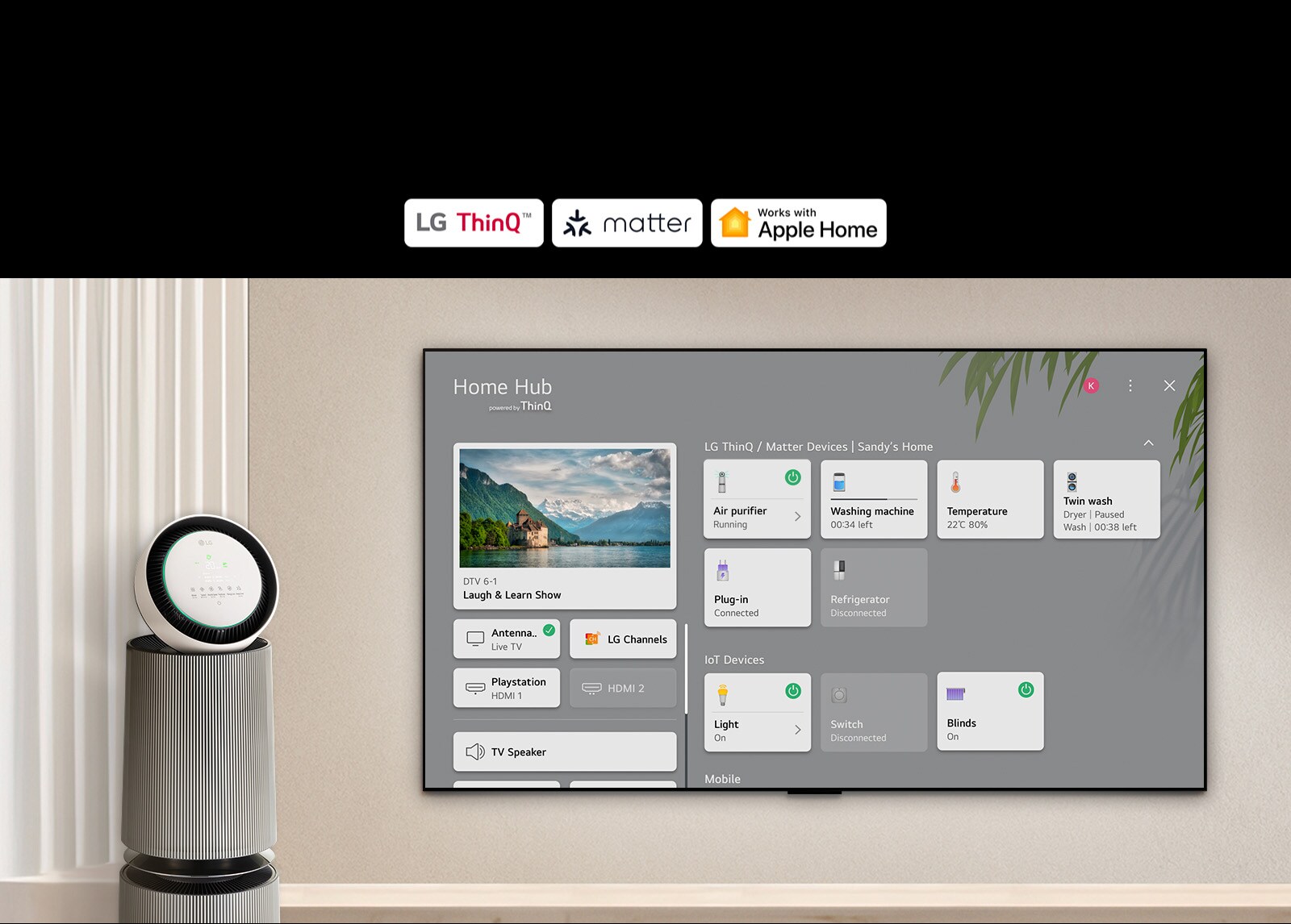 "A logo of LG ThinQ™, matter, and Apple Home. An LG TV mounted on a wall and an LG PuriCare™ Objet Collection 360° on the left. The TV displays Home Hub and a cursor clicks ""Air purifier"" and the LG PuriCare™ Objet Collection 360° is activated. "
